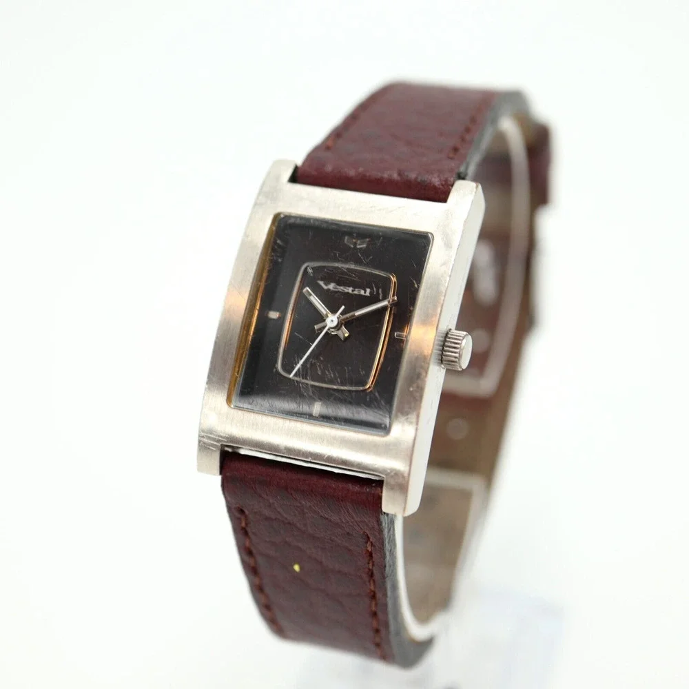 Vestal Electro Women's Tank Watch 24mm Rectangle Black Dial Brown Leather Strap